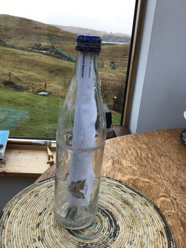 The bottle after being found in Shetland nearly 14 months later.